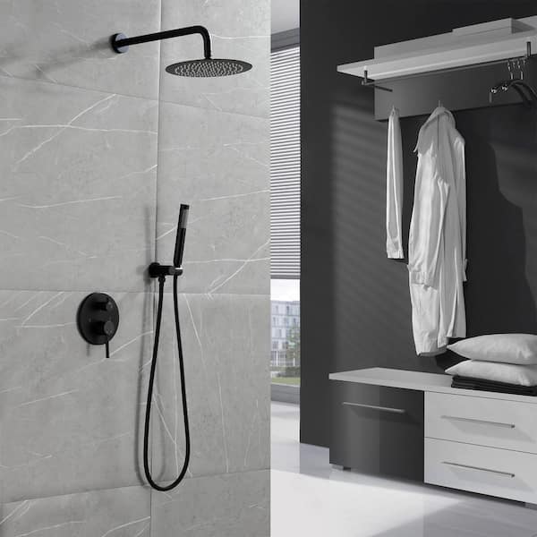 1-Spray Patterns with 1.5 GPM 10 in. Wall Mounted Dual Shower Heads with Rough-In Valve in Black