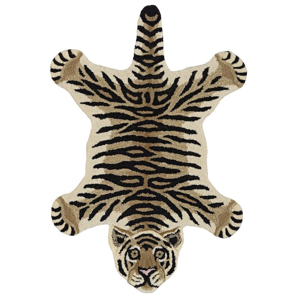 Jungle Tiger Gold and Black 2 ft. x 3 ft. Modern Tufted Animal Print Wool Specialty Indoor Accent Area Rug
