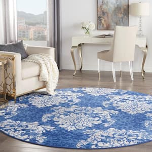 Whimsicle Navy Ivory 8 ft. x 8 ft. Floral Farmhouse Round Area Rug