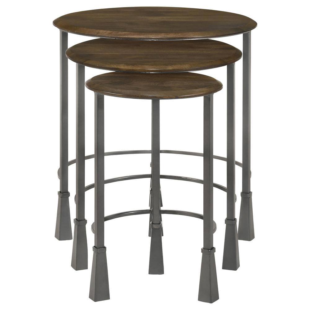 Industrial Round Black and Brown Wood Metal Nesting Tables