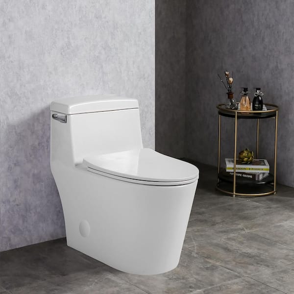 1-piece 0.8/1.28 GPF GPF Dual Flush Elongated Modern Toilet Soft Closing Seat, Quick Release in White Seat Included