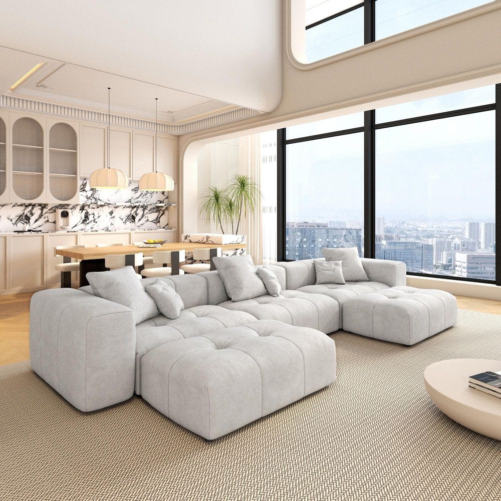 144.17 in. Wide Square Arm Linen Deep Seat Modern Oversized U-Shaped Sofa with Ottomans For Living Room in Beige