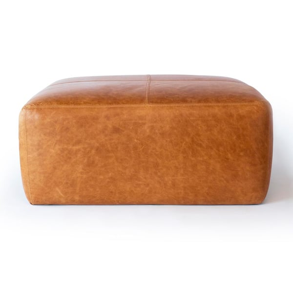 Sequoia Leather Square Ottoman in Cognac Tan