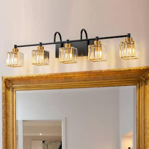 Orillia 37 in. 5-Light Crystal Bathroom Black and Gold Vanity Light Bathroom Wall Light