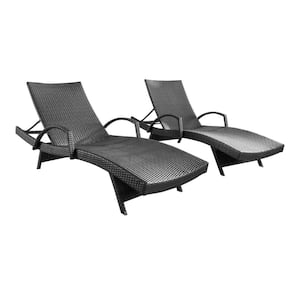 Gray 2-Piece Wicker Outdoor Chaise Lounge Chair with Armrest and Adjustable Backrest, Folding Legs for Outdoor Use