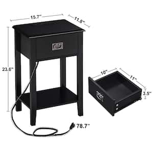 Nightstand Set of 2 with Charging Station, Black End/Side Table with USB Ports, Nightstands with 1-Drawer Storage Shelf