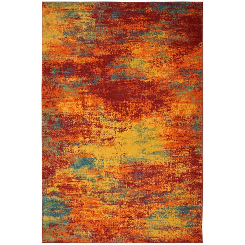 Flame Red and Yellow Synthetic 4' x 6' Area Rug