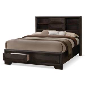 Pinnete Brown Wood Frame Queen Platform Bed with Bookcase Headboard and 2 Drawers on Footboard