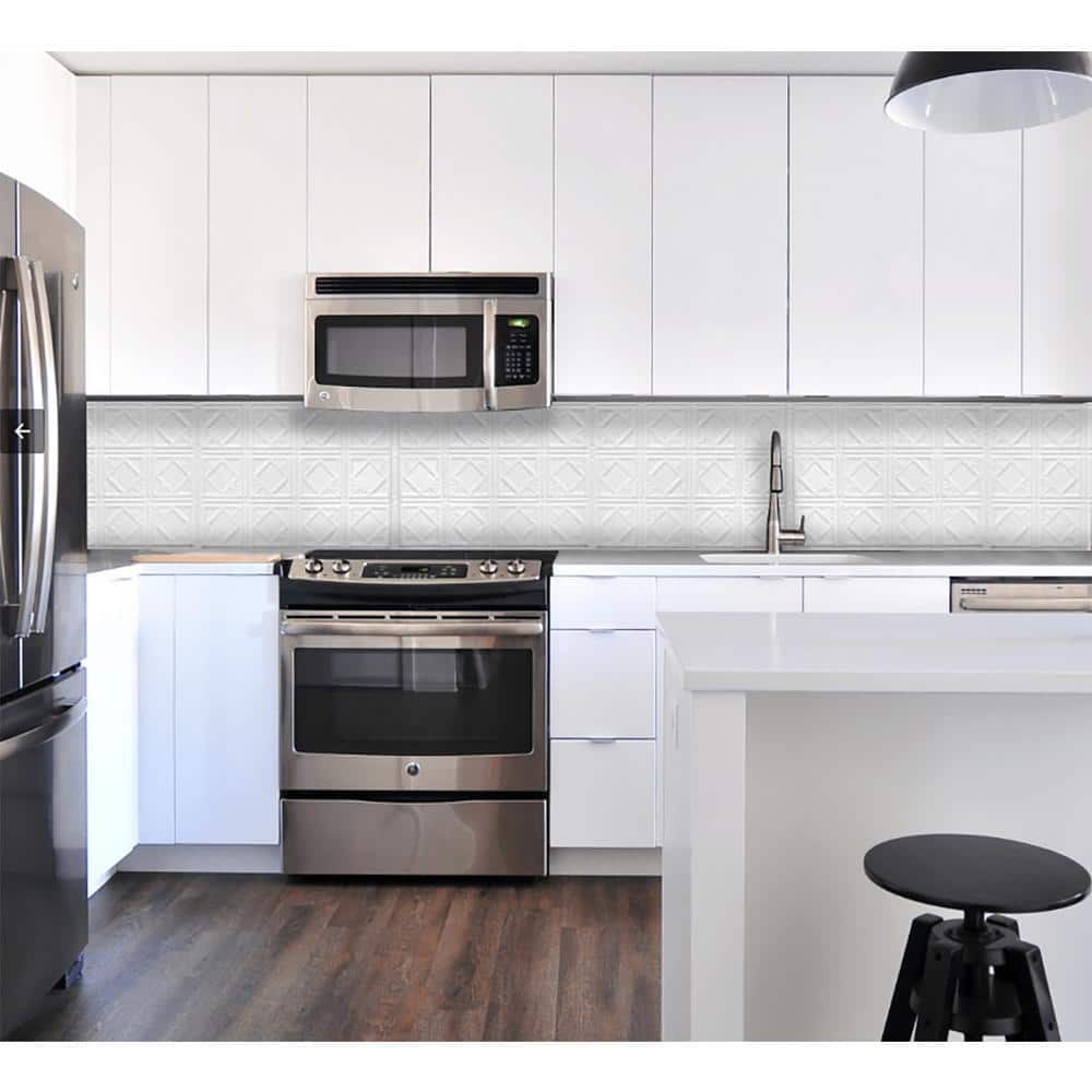 Bright White Satin Metal Tin Backsplash Panels, 24 x 24 inch, Set of 5