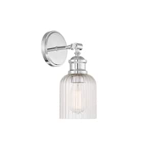 Meridian 5 in. 1-Light Chrome Wall Sconce with Clear Ribbed Glass Shade