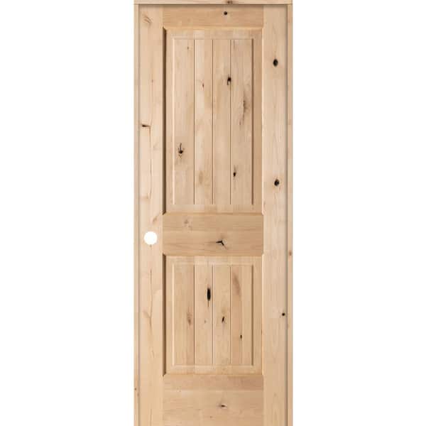 Krosswood Doors 28 in. x 80 in. Knotty Alder 2 Panel Square Top V-Groove Solid Wood Right-Hand Single Prehung Interior Door