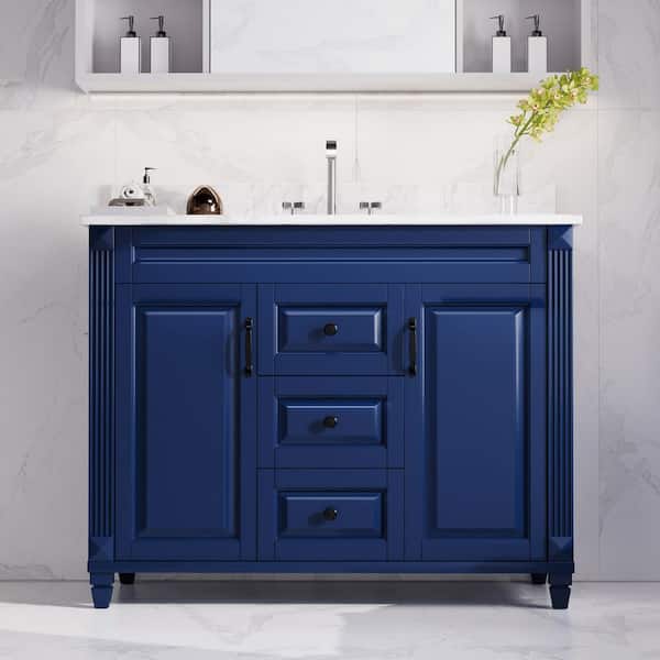 JEAREY 42 in. Single Sink Freestanding Navy Bath Vanity with White Marble Top (Assembled)