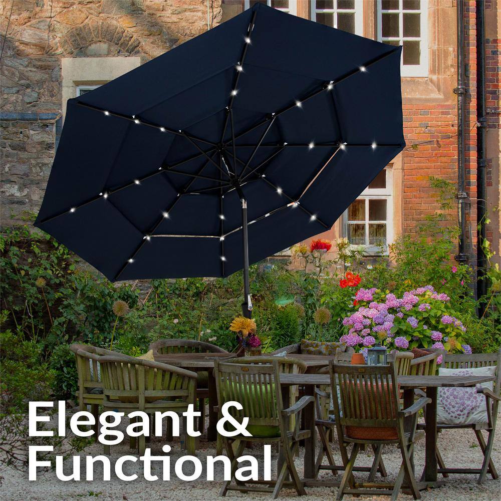 Navy Blue 10 ft Steel Market Umbrella with Solar LED Lights