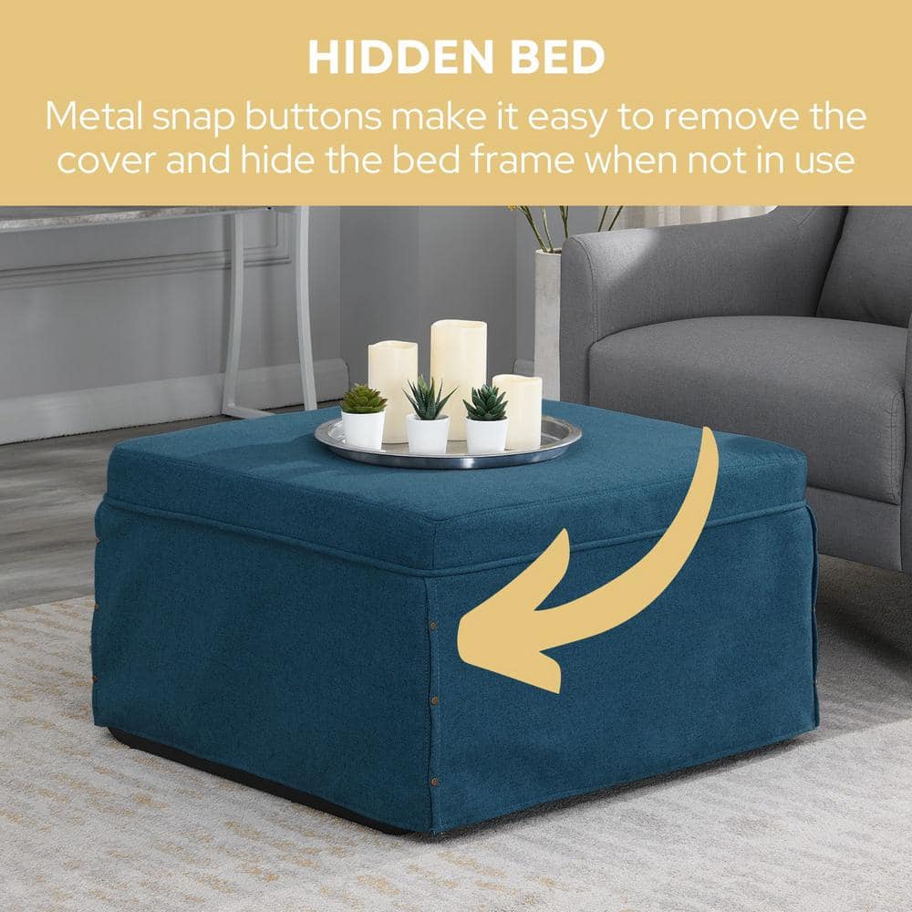 Soft Blue Fabric Convertible Ottoman Twin Bed with Metal Frame