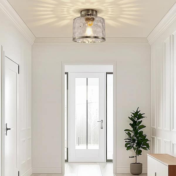 9 in. 1-Light Brushed Nickel Semi-Flush Mount Dimmable Dry Rated for Kitchen with Water Glass Shade No Bulbs Included