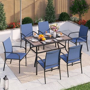 Black 7-Piece Metal Geometric Rectangle Table Outdoor Patio Dining Set with Blue Textilene Chairs