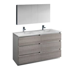 Lazzaro 60 in. Modern Double Bathroom Vanity in Glossy Ash Gray, Vanity Top in White with White Basins,Medicine Cabinet