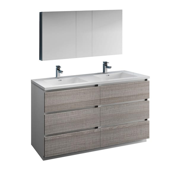 Fresca Lazzaro 60 in. Modern Double Bathroom Vanity in Glossy Ash Gray, Vanity Top in White with White Basins,Medicine Cabinet