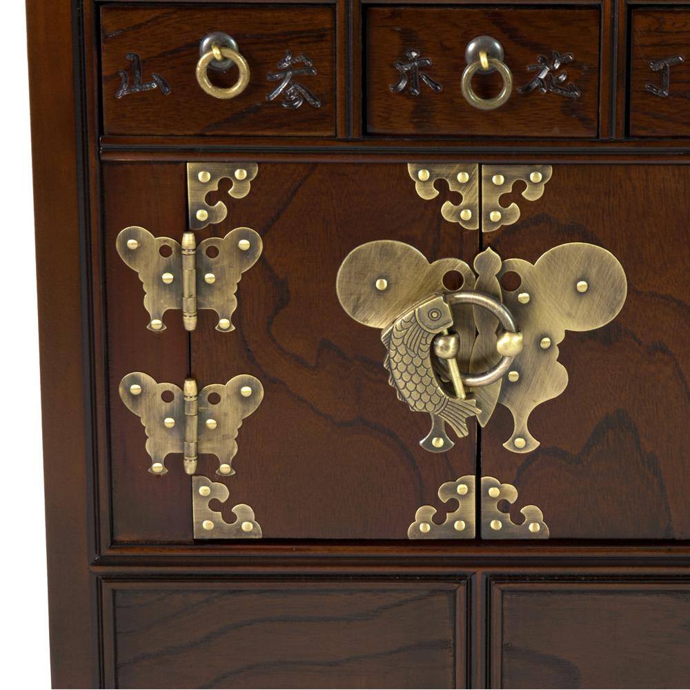Medium Brown Elm Apothecary Chest with Antique Brass Hardware