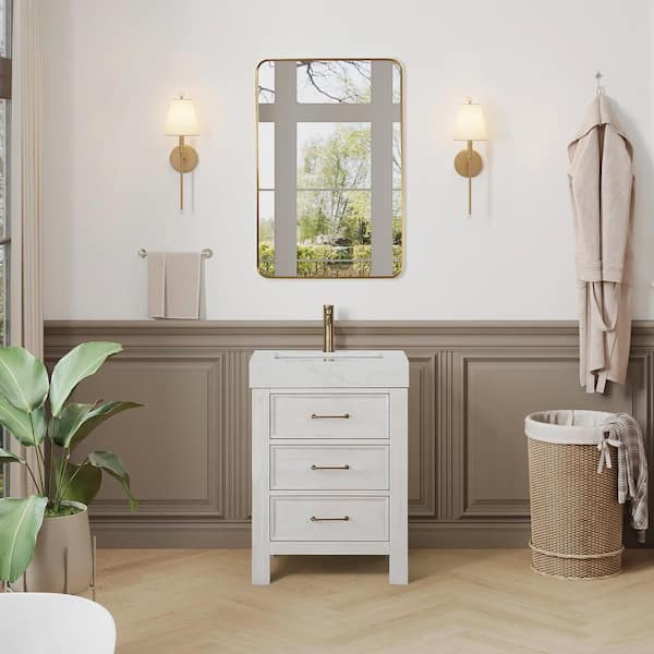 ROSWELL Leon 24 in. W x 22 in. D x 34 in. H Single Bath Vanity in Washed White with White Composite Stone Top and Mirror