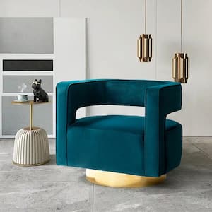 Bettina Contemporary Teal Velvet Comfy Swivel Barrel Chair with Open Back and Metal Base