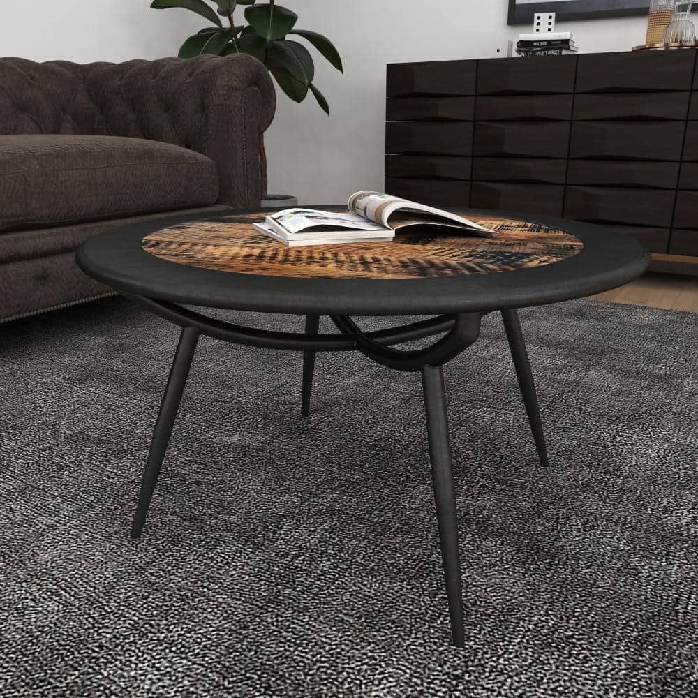 30" Gray Round Wood and Metal Coffee Table