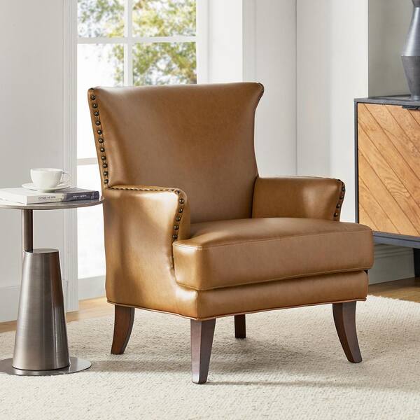 JAYDEN CREATION Bonnot Transitional Camel Faux Leather Wingback Armchair with Nailhead Trim and T Cushion CHLJ0302 CAMEL The Home Depot