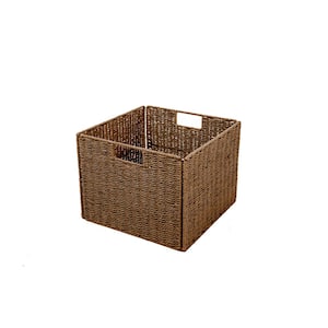 12 in. H x 12 in. W x 12 in. D Brown Foldable Wicker Cube Storage Bin with Iron Wire Frame (1-Pack)