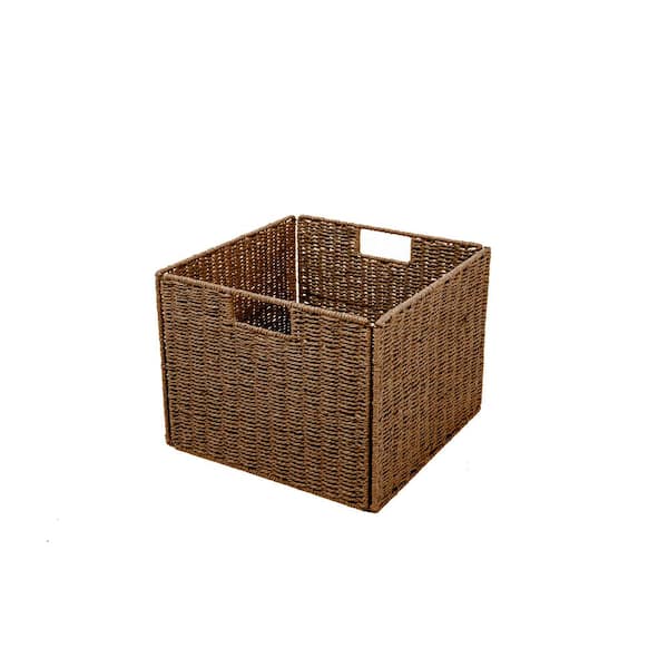 Trademark Innovations 12 in. H x 12 in. W x 12 in. D Brown Foldable Wicker Cube Storage Bin with Iron Wire Frame (1-Pack)