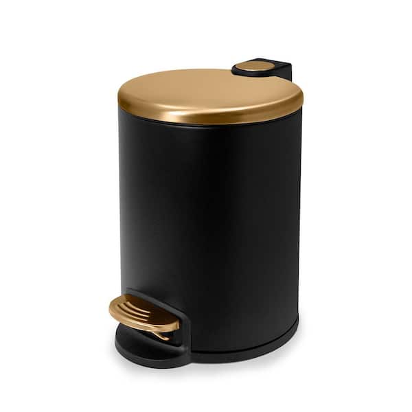 Small Round 5 L/1.3 Gal. Pedal Trash Bin with Soft Close Lid in Matte Black and Gold