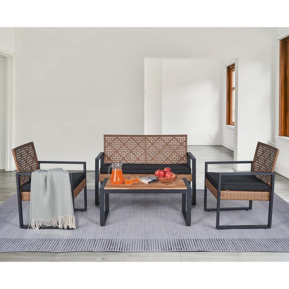 Otryad 4-Piece Wicker Patio Conversation Set with Black Cushions, Acacia Wood Coffee Table and 3 Armchairs Outdoor Furniture QS-YJ1180 - The Home Depot