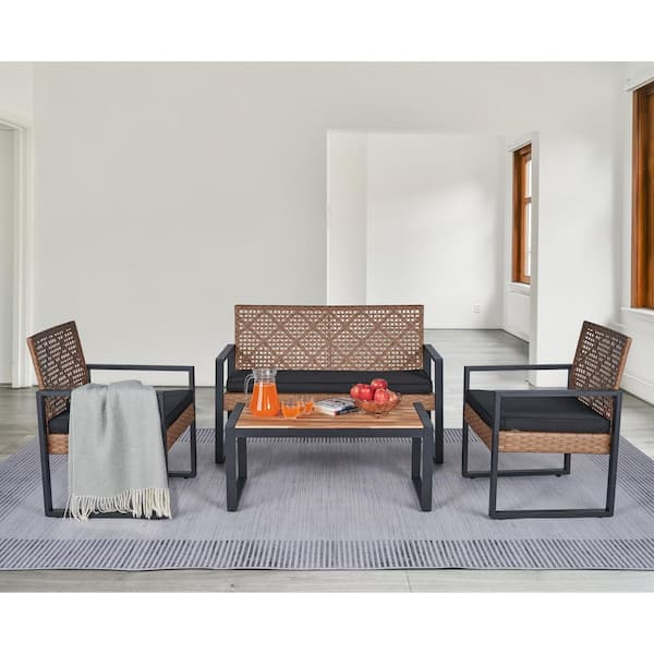 4-Piece Wicker Patio Conversation Set with Black Cushions, Acacia Wood Coffee Table and 3 Armchairs Outdoor Furniture