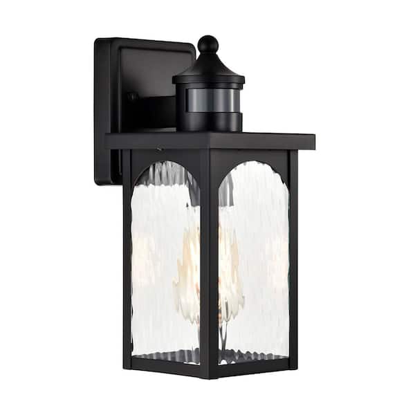 12 in. 1-Light Black Motion Sensing Dusk to Dawn Outdoor Hardwired Wall Lantern Sconce with Water Wave Clear Glass