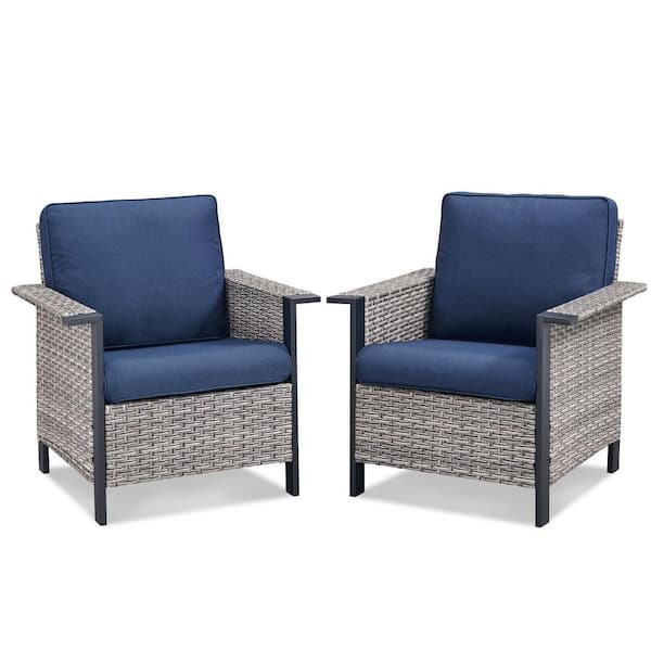 2-Piece Wicker Patio Conversation Outdoor Lounge Chair with Blue Cushions