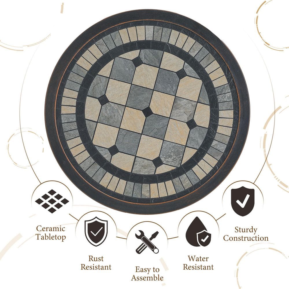 Bronze Round Cast Aluminum Outdoor Dining Table with Ceramic Top