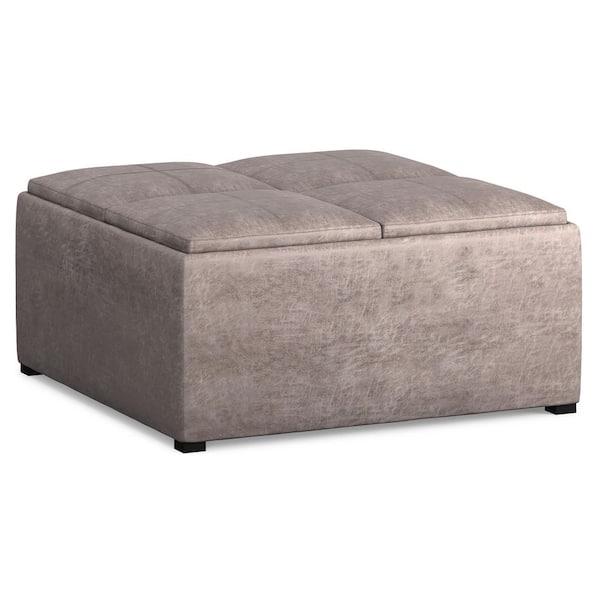 Avalon 35 in. Square Coffee Table Storage Ottoman in Distressed Grey Taupe Vegan Faux Leather, Assembled
