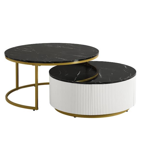 Black Modern Wood Round Nesting Coffee Table Fluted with Drawer