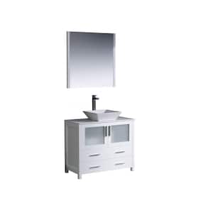 Torino 36 in. Vanity in White with Glass Stone Vanity Top in White with White Basin and Mirror (Faucet Not Included)