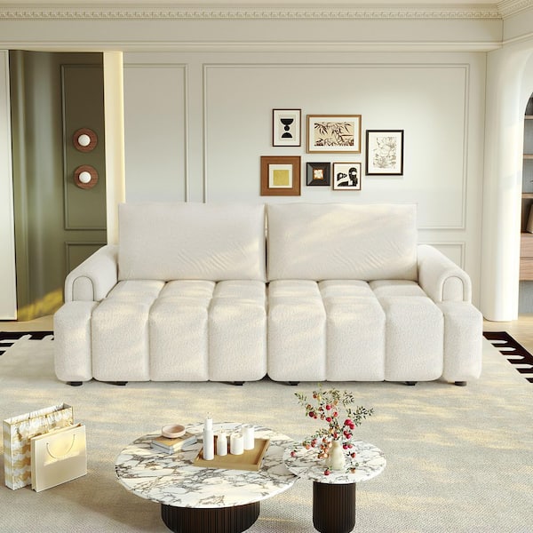 90.2 in. Rolled Arm Teddy Sofa in Beige/White with Seats Storage for Living Room