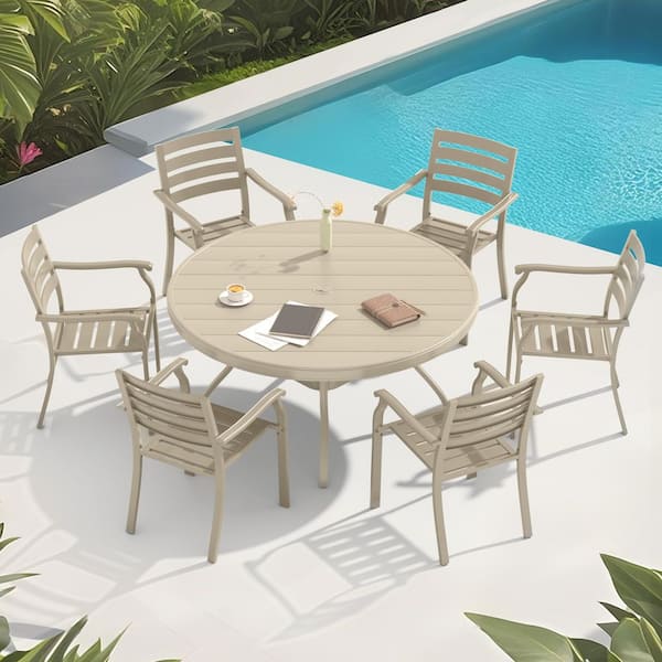 53 in. Dia Metal Outdoor Dining Table for 7 Person Round Patio Table with Adjustable Umbrella Hole in Cream