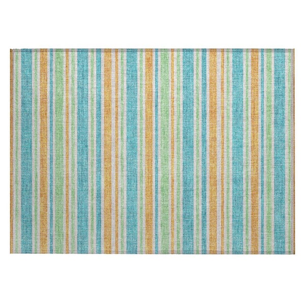 HomeRoots Teal 2 ft. x 3 ft. Woven Striped Polyester Rectangle Indoor/Outdoor Area Rug