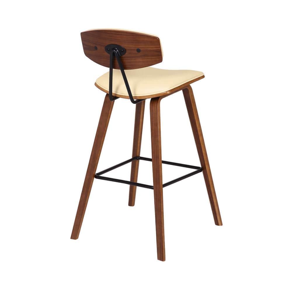 Contemporary Cream Faux Leather & Walnut Wood Bar Stool