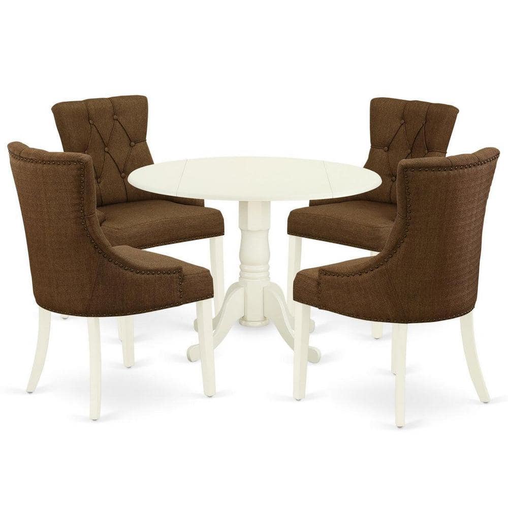 Linen White Round Dining Table with Dark Coffee Upholstered Chairs
