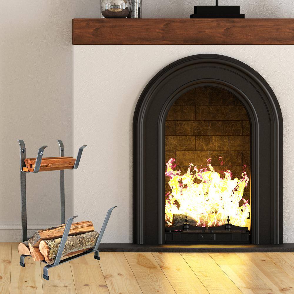 Hammered Steel Log Rack with Kindling Holder, 2-Tier