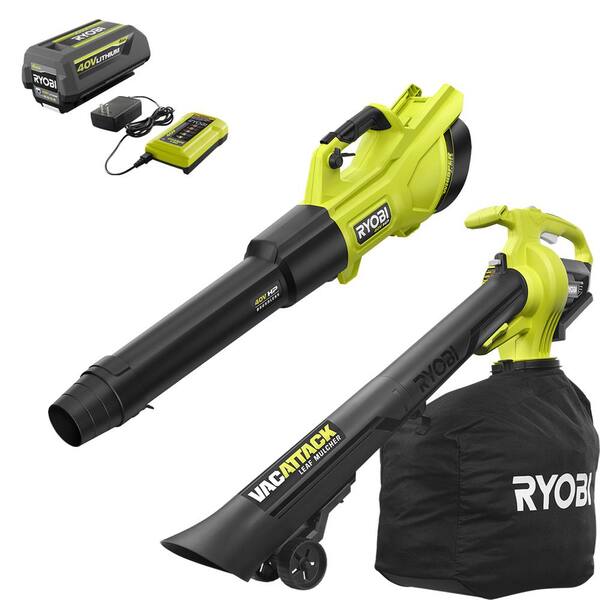 RYOBI 40V HP Brushless Whisper Series 155 MPH 600 CFM Cordless Blower & Leaf Vacuum/Mulcher with 4.0 Ah Battery and Charger