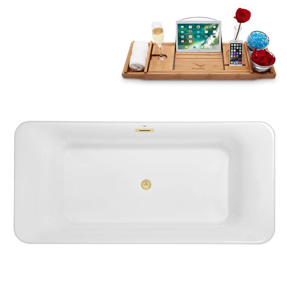 63" White Acrylic Freestanding Soaking Bathtub with Bamboo Tray