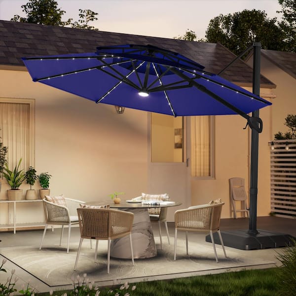 11ft. LED Patio Hanging Double Top Octagon Cantilever Umbrella with 360° Rotating Canopy in Navy Blue