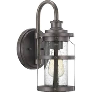 Haslett Collection 1-Light Antique Pewter Clear Seeded Glass Farmhouse Outdoor Small Wall Lantern Light