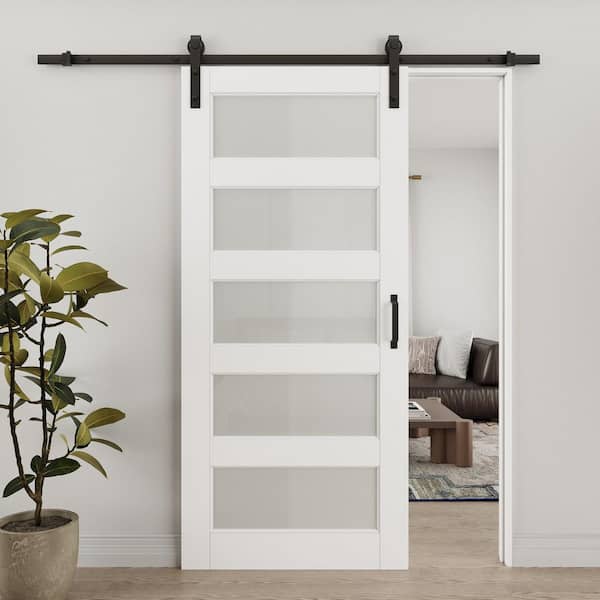 36 in. x 96 in. 5-Lite Tempered Frosted Glass White Primed MDF Composite Sliding Barn Door with Hardware Kit