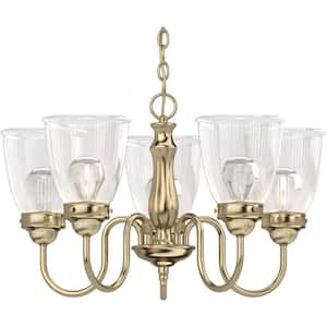 5-Lights Polished Brass Chandelier with Clear Ribbed Glass Shades